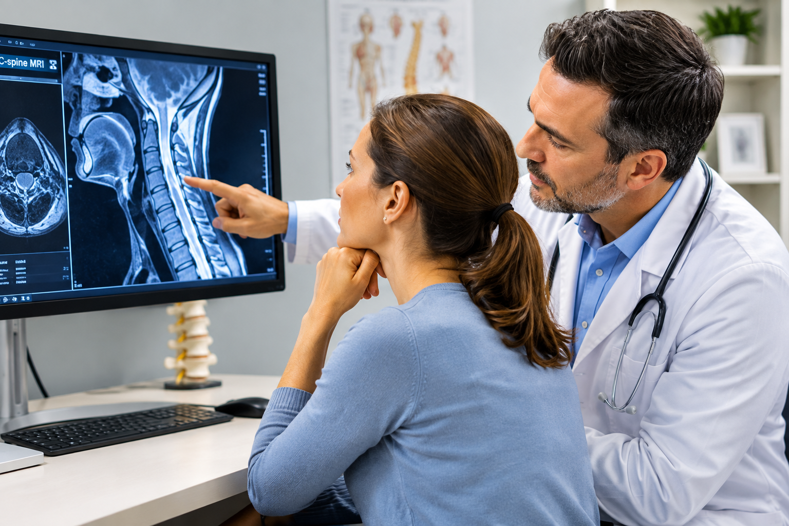 Doctor reviewing cervical spine imaging with a patient